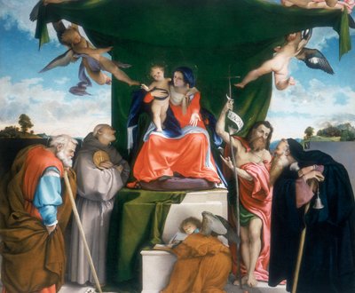 Madonna en Kind op de troon met engelen en heiligen door Lorenzo Lotto